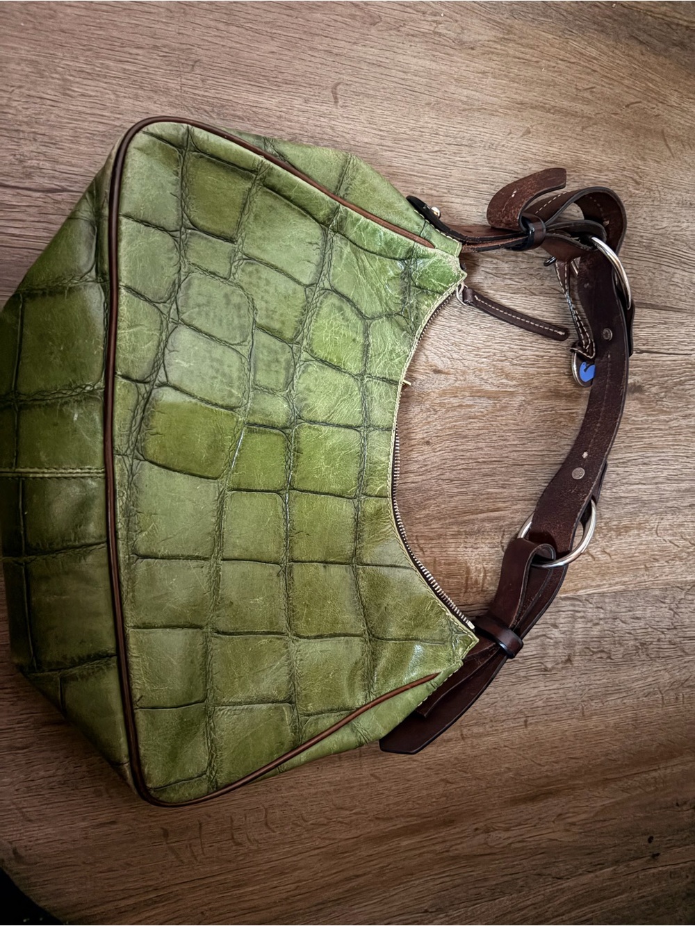 Authentic Dooney & Burke Green Croc-Leather Shoulder Bag with Brown Strap - Picture 2 of 3